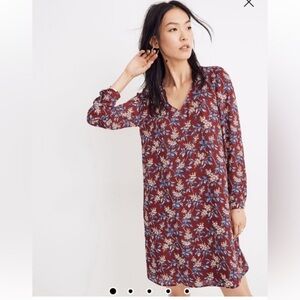 Madewell Red Floral  V-Neck Long Sleeve Dress